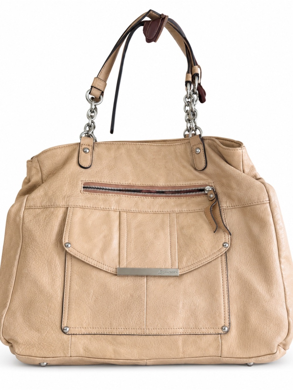 B Makowsky Boho style Leather Tote Bag with Chain Accent, in great shape!